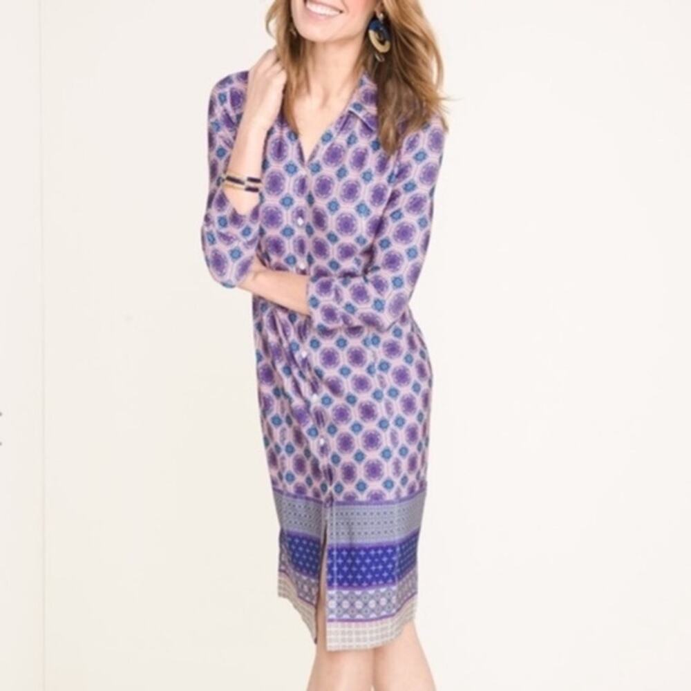 Women's Chico's Medallion Jersey Knee Length Shirt Dress Purple Pink Small